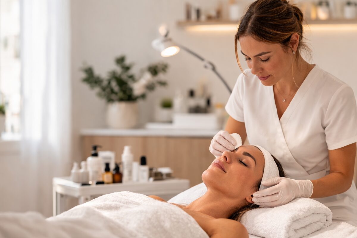 Especialista en belleza atiende a una clienta en una sala profesional de estudio